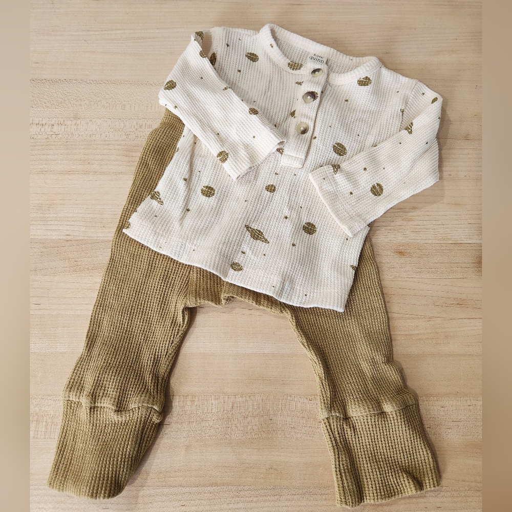 Kate Quinn Long sleeve henley golden planets and panda pants. 6-12 Mos